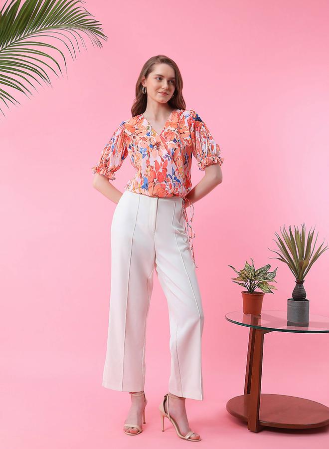 ميش بلوزة مِش بطبعة زهور بياقة ملفوفة وتفاصيل رباط - Image 5