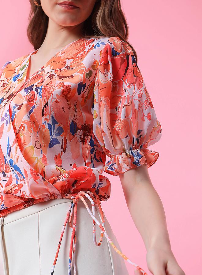 ميش بلوزة مِش بطبعة زهور بياقة ملفوفة وتفاصيل رباط - Image 2