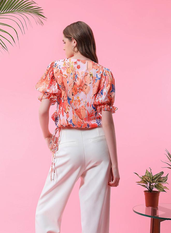 ميش بلوزة مِش بطبعة زهور بياقة ملفوفة وتفاصيل رباط - Image 4