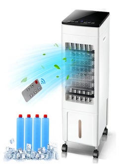 Evaporative Air Cooler, Portable Air Conditioner with Remote and Touch Control, Air Cooler with 3 Speeds, 8H Timer, 8L Water Tank, 4 Ice Packs for Home, Office, White