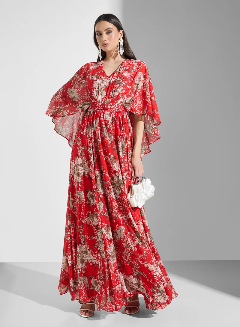 Golden Apple Floral Chiffon Maxi Dress
