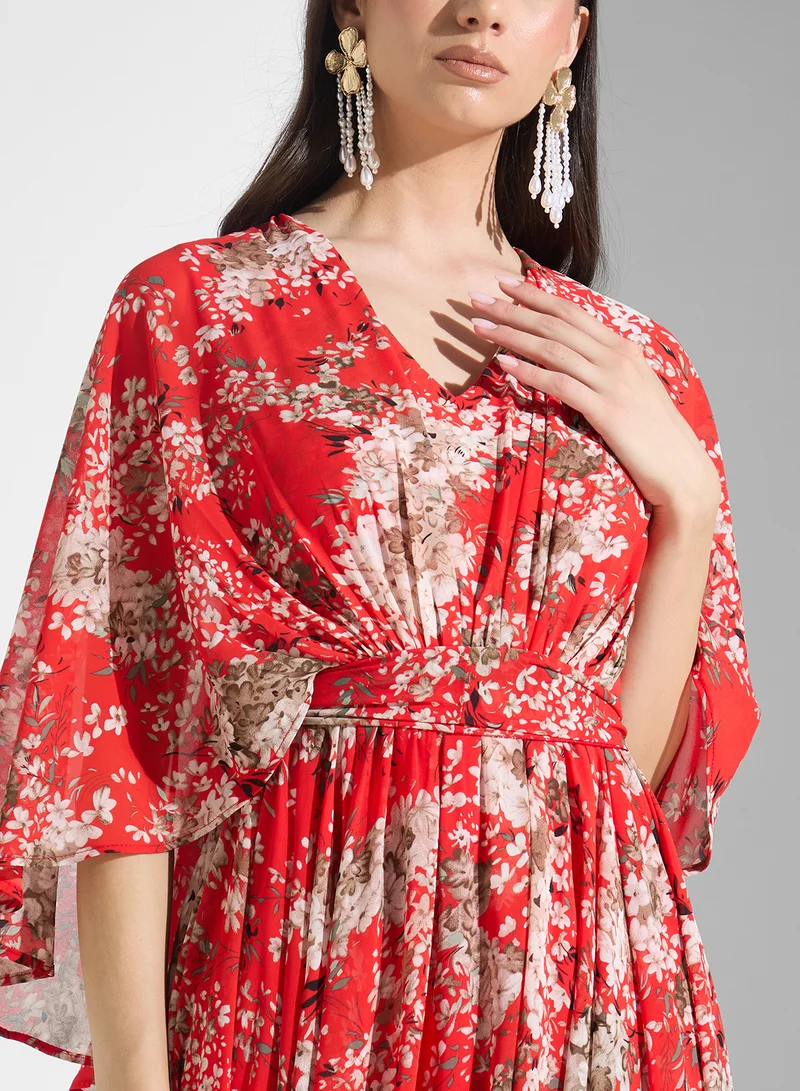 Golden Apple Floral Chiffon Maxi Dress