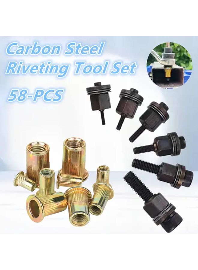 58 Pcs 3 In 1 Carbon Steel Riveting Tool Set Manual Rivet Gun Kit For M3 To M10 Nuts - Image 1