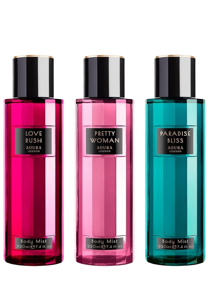 Aoura London Aoura London Women's Body Mist Bundle | 220ml | Pack of 3 | Includes Love Rush, Pretty Woman & Paradise Bliss | Floral, Fruity & Sweet Scents | Long-Lasting Perfumed Fragrance Sprays  - Image 1