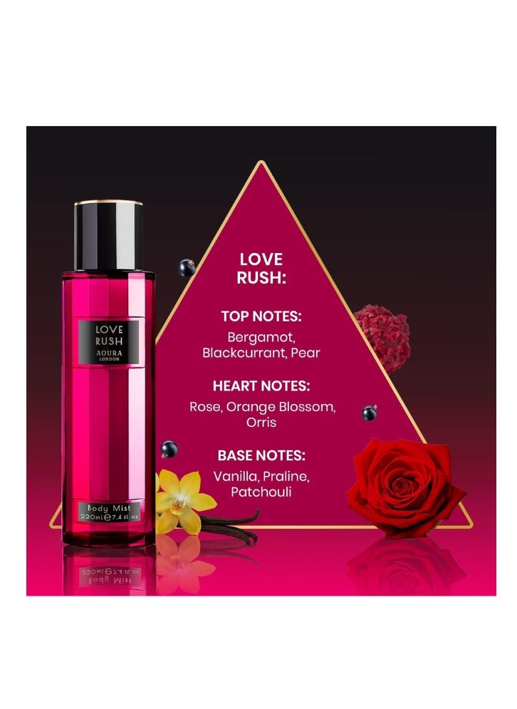 Aoura London Aoura London Women's Body Mist Bundle | 220ml | Pack of 3 | Includes Love Rush, Pretty Woman & Paradise Bliss | Floral, Fruity & Sweet Scents | Long-Lasting Perfumed Fragrance Sprays  - Image 2