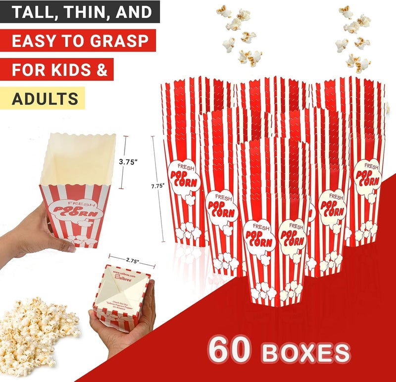 Salbree 60 Movie Night Popcorn Paper Boxes Buckets 7.75 Inches Tall Large Box & Holds 46 Oz Old Fashion Vintage Retro Party Design Red & White Colored Nostalgic Carnival Stripes Bags & Tubs various qty avail - Image 2
