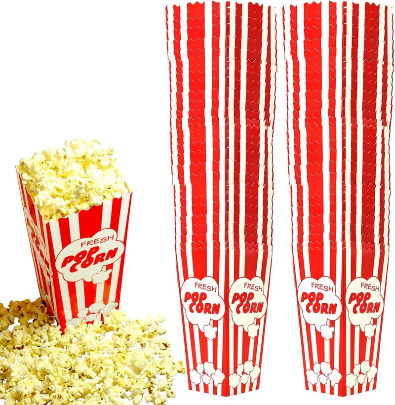 Salbree 60 Movie Night Popcorn Paper Boxes Buckets 7.75 Inches Tall Large Box & Holds 46 Oz Old Fashion Vintage Retro Party Design Red & White Colored Nostalgic Carnival Stripes Bags & Tubs various qty avail - Image 1