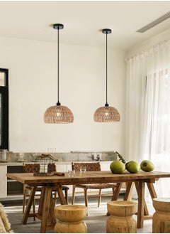Ganeed Boho Chandelier Light Fixture, Farmhouse Rattan Pendant Light, Woven Rope Lampshade Rustic Cage Hanging Lamp, E27 Semi Flush Mount Ceiling Light for Kitchen Island Living Dining Room Bedroom  - Image 2