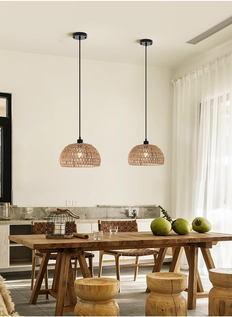 Ganeed - Boho Chandelier Light Fixture, Farmhouse Rattan Pendant Light, Woven Rope Lampshade Rustic Cage Hanging Lamp, E27 Semi Flush Mount Ceiling Light for Kitchen Island Living Dining Room Bedroom - Image 1
