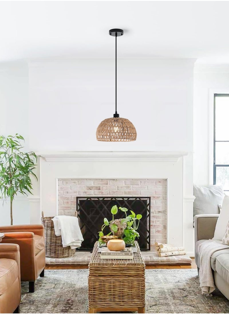 Ganeed - Boho Chandelier Light Fixture, Farmhouse Rattan Pendant Light, Woven Rope Lampshade Rustic Cage Hanging Lamp, E27 Semi Flush Mount Ceiling Light for Kitchen Island Living Dining Room Bedroom - Image 1