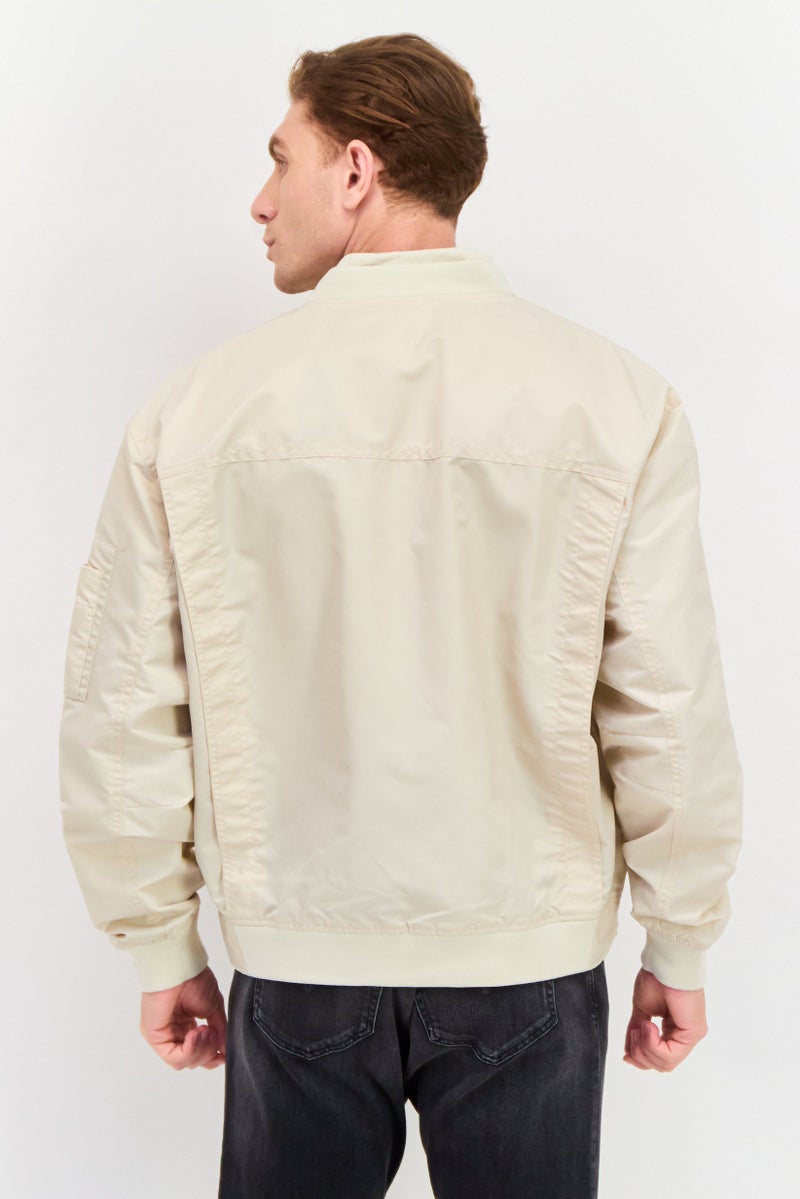 ESPRIT Men Band Collar Solid Bomber Jacket, Beige  - Image 4