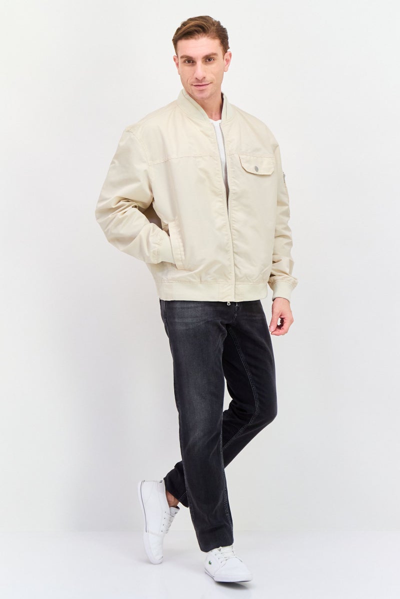 ESPRIT Men Band Collar Solid Bomber Jacket, Beige  - Image 2