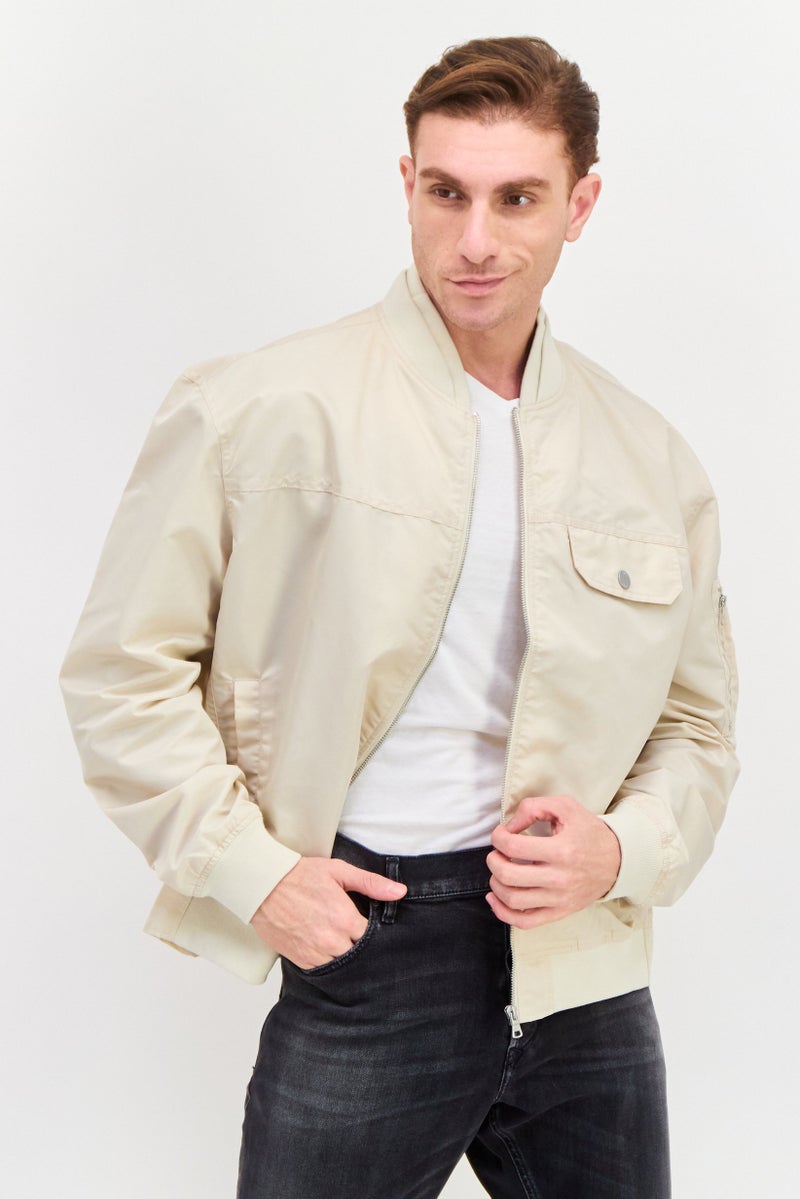 ESPRIT Men Band Collar Solid Bomber Jacket, Beige  - Image 1