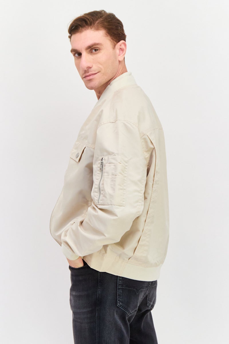 ESPRIT Men Band Collar Solid Bomber Jacket, Beige  - Image 3