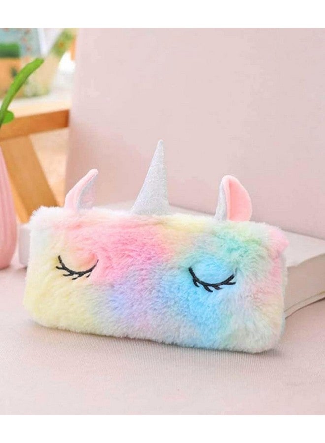 حقيبة أقلام JIADA على شكل قرن وحيد القرن، حقيبة أقلام من فرو وحيد القرن للفتيات الطالبات لتخزين أقلام الرصاص وممحاة الأقلام | حقيبة تخزين للمكياج | حقيبة سفر مريحة وناعمة (حقيبة من الفرو، عبوة من قطعة واحدة)، متعددة الألوان