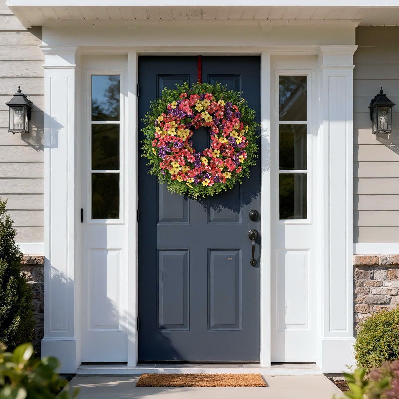 GLIDLION 26" Artificial Flower & Eucalyptus Wreath for Front Door - Faux Starry Sky Morning Glory Flowers and Eucalyptus Leaves Wreath, Spring Summer Wreath for Wall Window Farmhouse Decor (Mixed Color) - Image 2