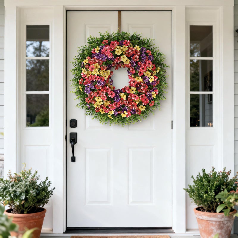 GLIDLION 26" Artificial Flower & Eucalyptus Wreath for Front Door - Faux Starry Sky Morning Glory Flowers and Eucalyptus Leaves Wreath, Spring Summer Wreath for Wall Window Farmhouse Decor (Mixed Color) - Image 3