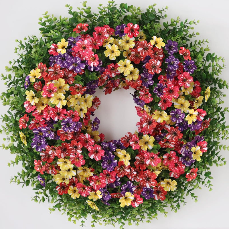 GLIDLION 26" Artificial Flower & Eucalyptus Wreath for Front Door - Faux Starry Sky Morning Glory Flowers and Eucalyptus Leaves Wreath, Spring Summer Wreath for Wall Window Farmhouse Decor (Mixed Color) - Image 1