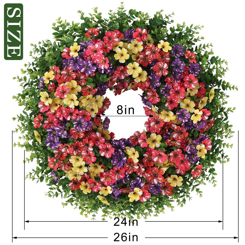 GLIDLION 26" Artificial Flower & Eucalyptus Wreath for Front Door - Faux Starry Sky Morning Glory Flowers and Eucalyptus Leaves Wreath, Spring Summer Wreath for Wall Window Farmhouse Decor (Mixed Color) - Image 5