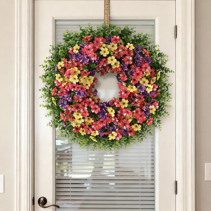 GLIDLION 26" Artificial Flower & Eucalyptus Wreath for Front Door - Faux Starry Sky Morning Glory Flowers and Eucalyptus Leaves Wreath, Spring Summer Wreath for Wall Window Farmhouse Decor (Mixed Color) - Image 4