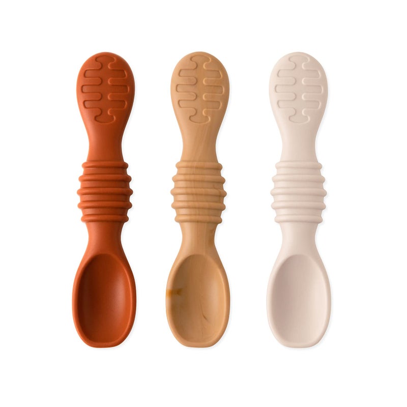 BUMKiNs Bumkins Baby Utensil Set Silicone Trainer Spoons for Dipping Soft Tip SelfFeeding Chew Baby Led Weaning First Year Training Supplies Essentials in Learning Eating 4 Mos 3pk Beige and Brown 
