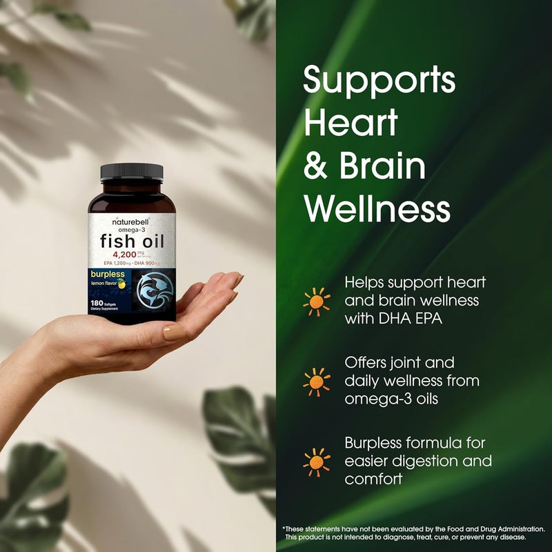 NatureBell Omega-3 Fish Oil - 180 Softgels - Support for Joint, Brain & Heart Health* - with EPA & DHA - No Burps or Fishy Aftertaste - Non-GMO & Mercury-Free Formula - Lemon Flavor - Image 3