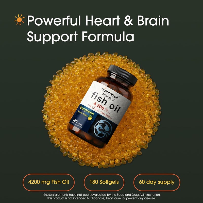 NatureBell Omega-3 Fish Oil - 180 Softgels - Support for Joint, Brain & Heart Health* - with EPA & DHA - No Burps or Fishy Aftertaste - Non-GMO & Mercury-Free Formula - Lemon Flavor - Image 2