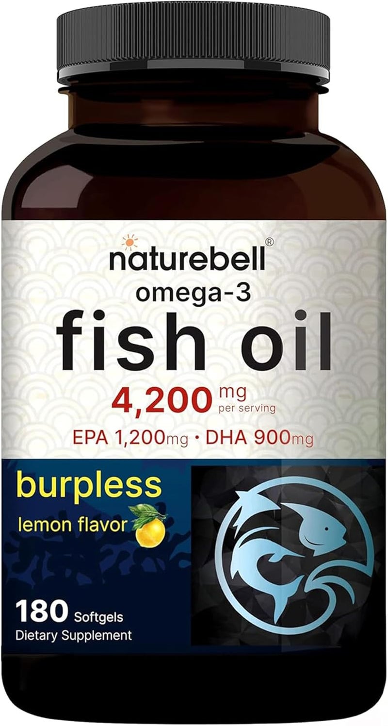NatureBell Omega-3 Fish Oil - 180 Softgels - Support for Joint, Brain & Heart Health* - with EPA & DHA - No Burps or Fishy Aftertaste - Non-GMO & Mercury-Free Formula - Lemon Flavor - Image 1
