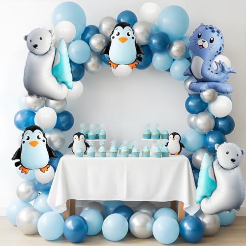 LaRandom 108 Pcs Winter Party Decorations Polar Bear Penguin Seal Christmas Balloon Arch Garland Kit Blue White Silver Foil Latex Balloons for Winter Christmas Baby Shower Birthday Party Decorations - Image 1