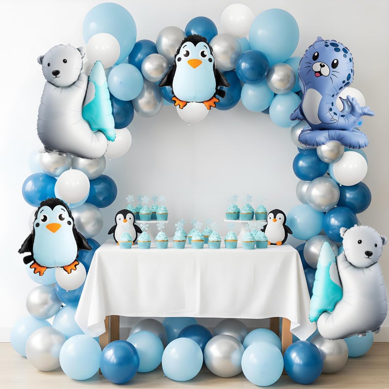 LaRandom 108 Pcs Winter Party Decorations Polar Bear Penguin Seal Christmas Balloon Arch Garland Kit Blue White Silver Foil Latex Balloons for Winter Christmas Baby Shower Birthday Party Decorations - Image 3