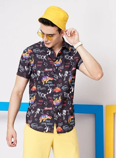 The Indian Garage Co Men Slim Fit Conversational Printed Half Sleeves Spread Collar Resort Wear Shirt