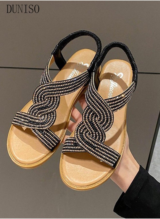 DUNISO - Fashion Sandals for Women with 3.5cm High Heels Thick Sole Slide Sandal Non-Slip Soles Glitter shoes Open Toe Beach Flat Slipper for Travel Work School Beach Outdoor - Image 1
