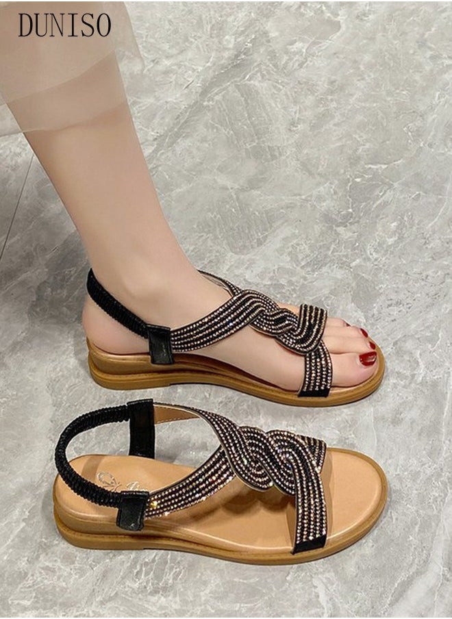 DUNISO - Fashion Sandals for Women with 3.5cm High Heels Thick Sole Slide Sandal Non-Slip Soles Glitter shoes Open Toe Beach Flat Slipper for Travel Work School Beach Outdoor - Image 1