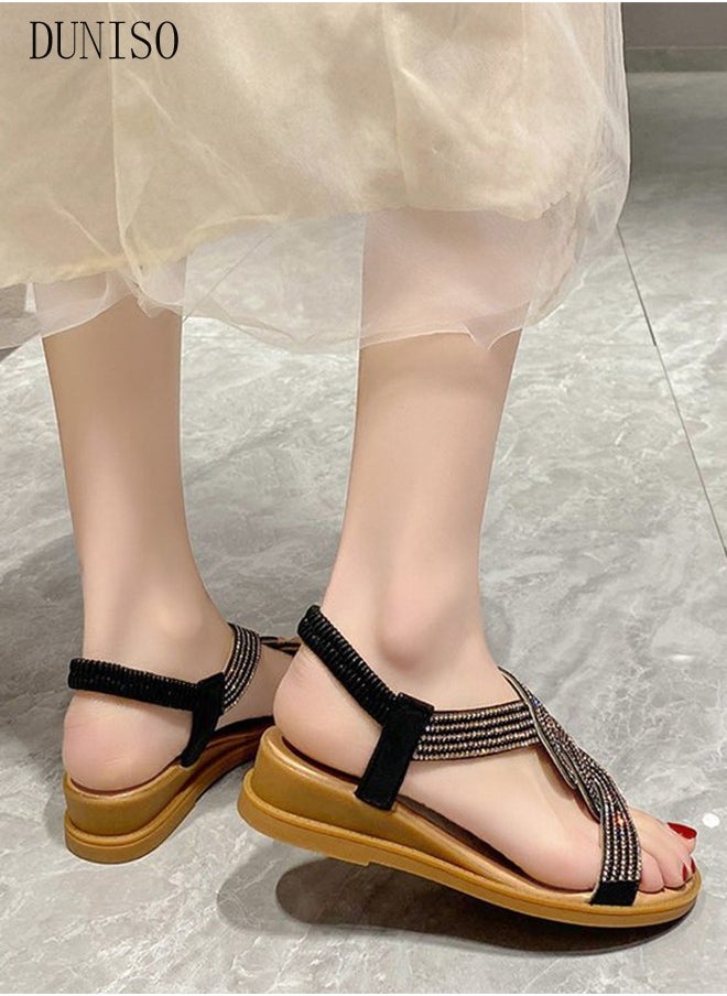 DUNISO - Fashion Sandals for Women with 3.5cm High Heels Thick Sole Slide Sandal Non-Slip Soles Glitter shoes Open Toe Beach Flat Slipper for Travel Work School Beach Outdoor - Image 1