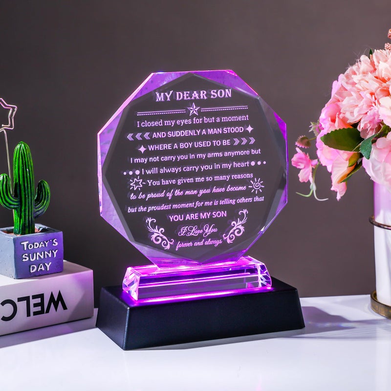 YWHL هدية ذات معنى من الأم والأب لابنهم مع قاعدة LED ملونة هدايا عيد ميلاد لابن بالغ تذكار كريستالي هدية ملهمة للتخرج لابني هدية في عيد الميلاد عيد الحب يوم الأب - Image 2