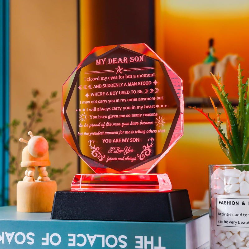 YWHL هدية ذات معنى من الأم والأب لابنهم مع قاعدة LED ملونة هدايا عيد ميلاد لابن بالغ تذكار كريستالي هدية ملهمة للتخرج لابني هدية في عيد الميلاد عيد الحب يوم الأب - Image 4