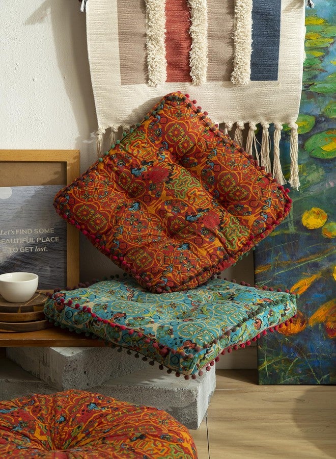 Huierxun Moroccan Printed Square Chair Pads Cotton Linen Soft Comfort Chair Cushion Colorful Pompom Seat Cushions for Indoor Dining Room and Kitchen Chairs (Orange,16x16 Inch) - Image 3