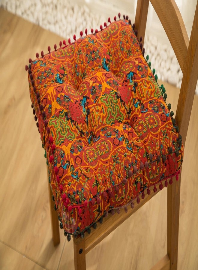 Huierxun Moroccan Printed Square Chair Pads Cotton Linen Soft Comfort Chair Cushion Colorful Pompom Seat Cushions for Indoor Dining Room and Kitchen Chairs (Orange,16x16 Inch) - Image 2