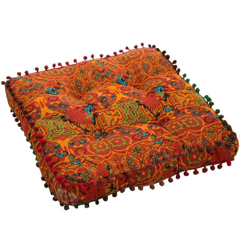 Huierxun Moroccan Printed Square Chair Pads Cotton Linen Soft Comfort Chair Cushion Colorful Pompom Seat Cushions for Indoor Dining Room and Kitchen Chairs (Orange,16x16 Inch) - Image 1