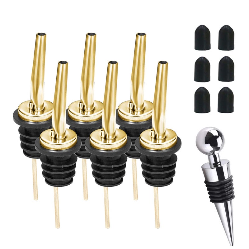 WAFJAMF 6 Pcs Liquor Pour Spouts Set  Stainless Steel Speed Pourers for Wine Spirits Olive Oil  Vinegar Gold