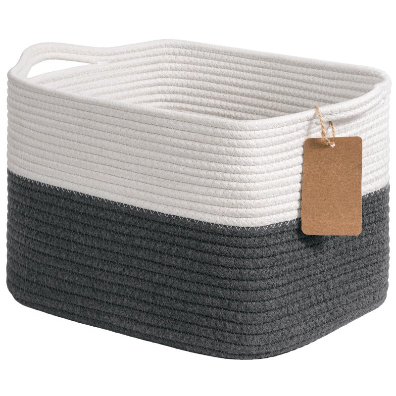 Goodpick Woven Storage Basket for Shelves Baskets for Organizing Cotton Rope Baskets with Handles Rectangle Basket for Baby Toy Storage 13 x 10 x 9 Inches White Dark Gray - Image 2