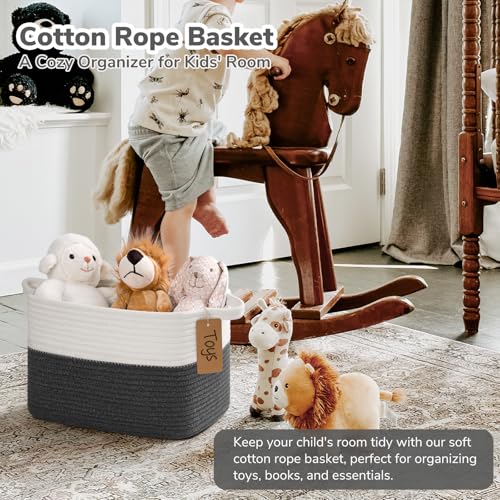 Goodpick Woven Storage Basket for Shelves Baskets for Organizing Cotton Rope Baskets with Handles Rectangle Basket for Baby Toy Storage 13 x 10 x 9 Inches White Dark Gray - Image 3