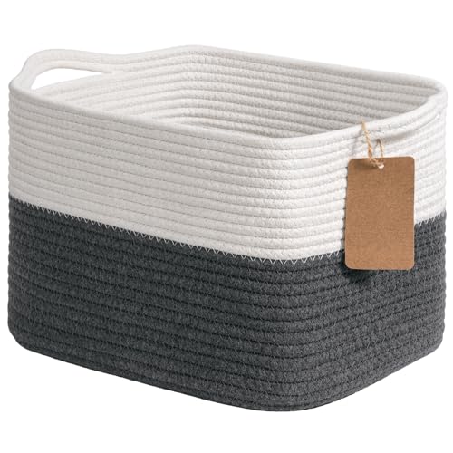 Goodpick Woven Storage Basket for Shelves Baskets for Organizing Cotton Rope Baskets with Handles Rectangle Basket for Baby Toy Storage 13 x 10 x 9 Inches White Dark Gray - Image 1