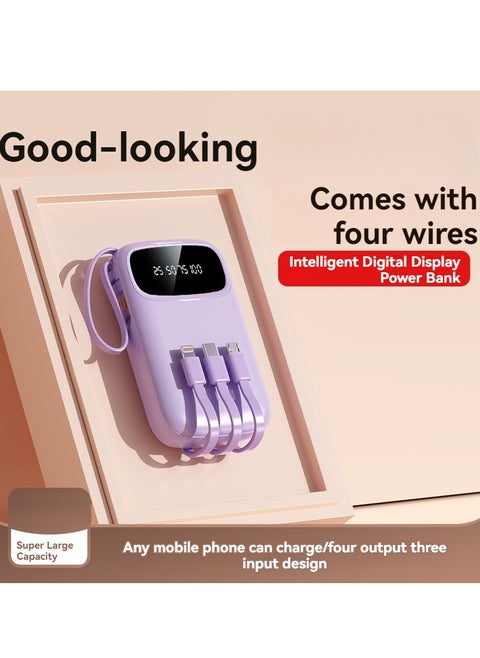 New digital display large capacity 10000 mAh power bank with built-in charging cable mini power bank (purple)