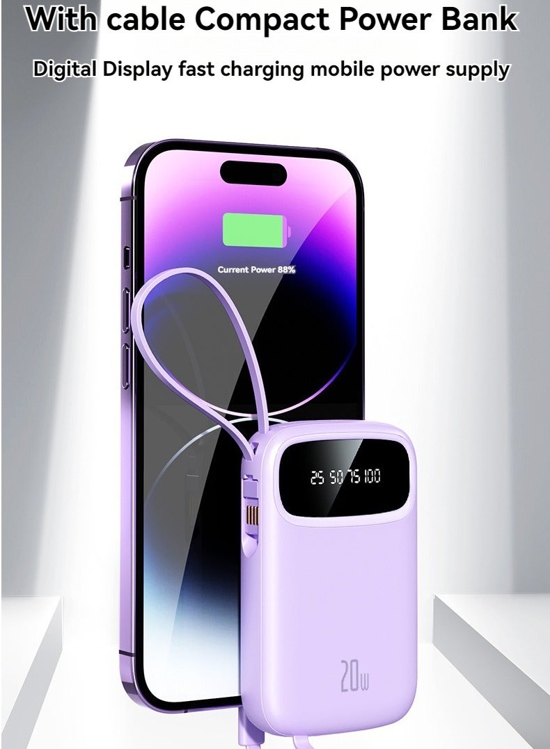 New digital display large capacity 10000 mAh power bank with built-in charging cable mini power bank (purple) - Image 5