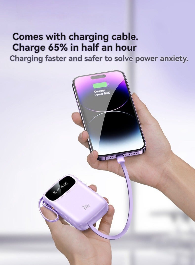 New digital display large capacity 10000 mAh power bank with built-in charging cable mini power bank (purple) - Image 3
