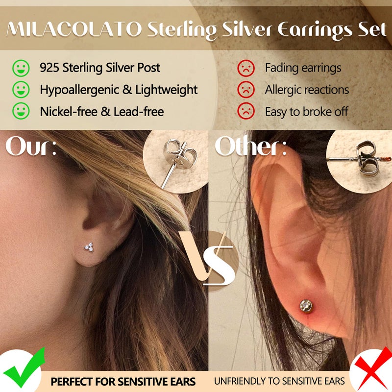 MILACOLATO 3 Pairs 925 Sterling Silver Earrings Set for Women Dainty Sterling Silver Filled Stud Huggie Small Hoop Earrings Stacks for Sensitive Ears Hypoallergenic Earring Sets for Multiple Piercing WG 3CZ - Image 2