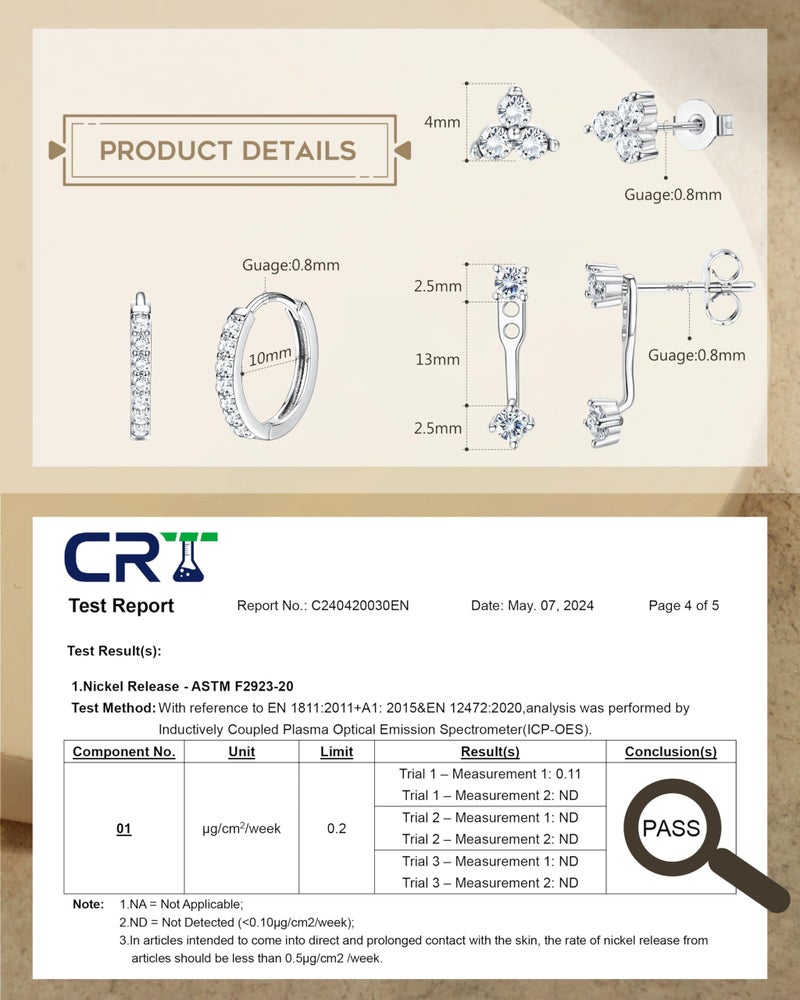 MILACOLATO 3 Pairs 925 Sterling Silver Earrings Set for Women Dainty Sterling Silver Filled Stud Huggie Small Hoop Earrings Stacks for Sensitive Ears Hypoallergenic Earring Sets for Multiple Piercing WG 3CZ - Image 3