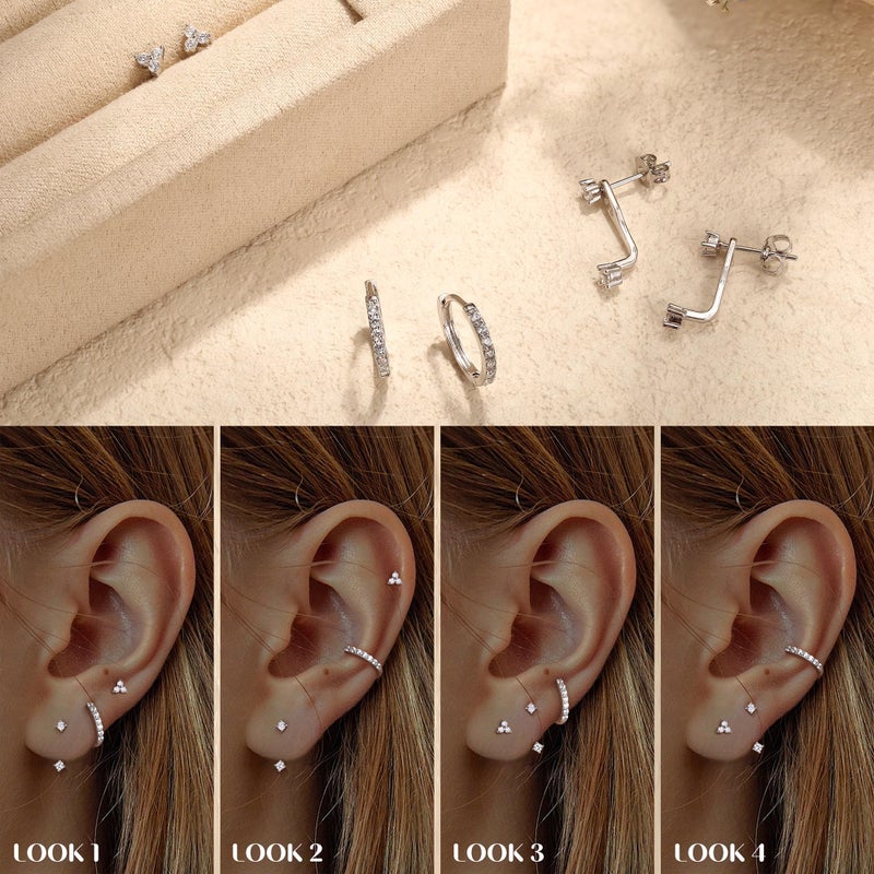 MILACOLATO 3 Pairs 925 Sterling Silver Earrings Set for Women Dainty Sterling Silver Filled Stud Huggie Small Hoop Earrings Stacks for Sensitive Ears Hypoallergenic Earring Sets for Multiple Piercing WG 3CZ - Image 5