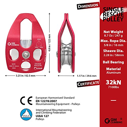 GM CLIMBING Red Large Rescue Pulley 32kN Single Sheave with Swing Plate CE UIAA Certified One Unit - Image 3